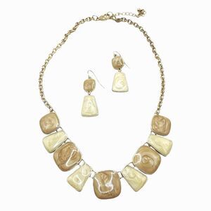 Beige Cream Swirl Enamel Necklace Earrings Set Gold Tone Bib Statement Neutral
